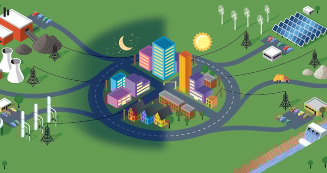 Image of animated city with power lines throughout the city